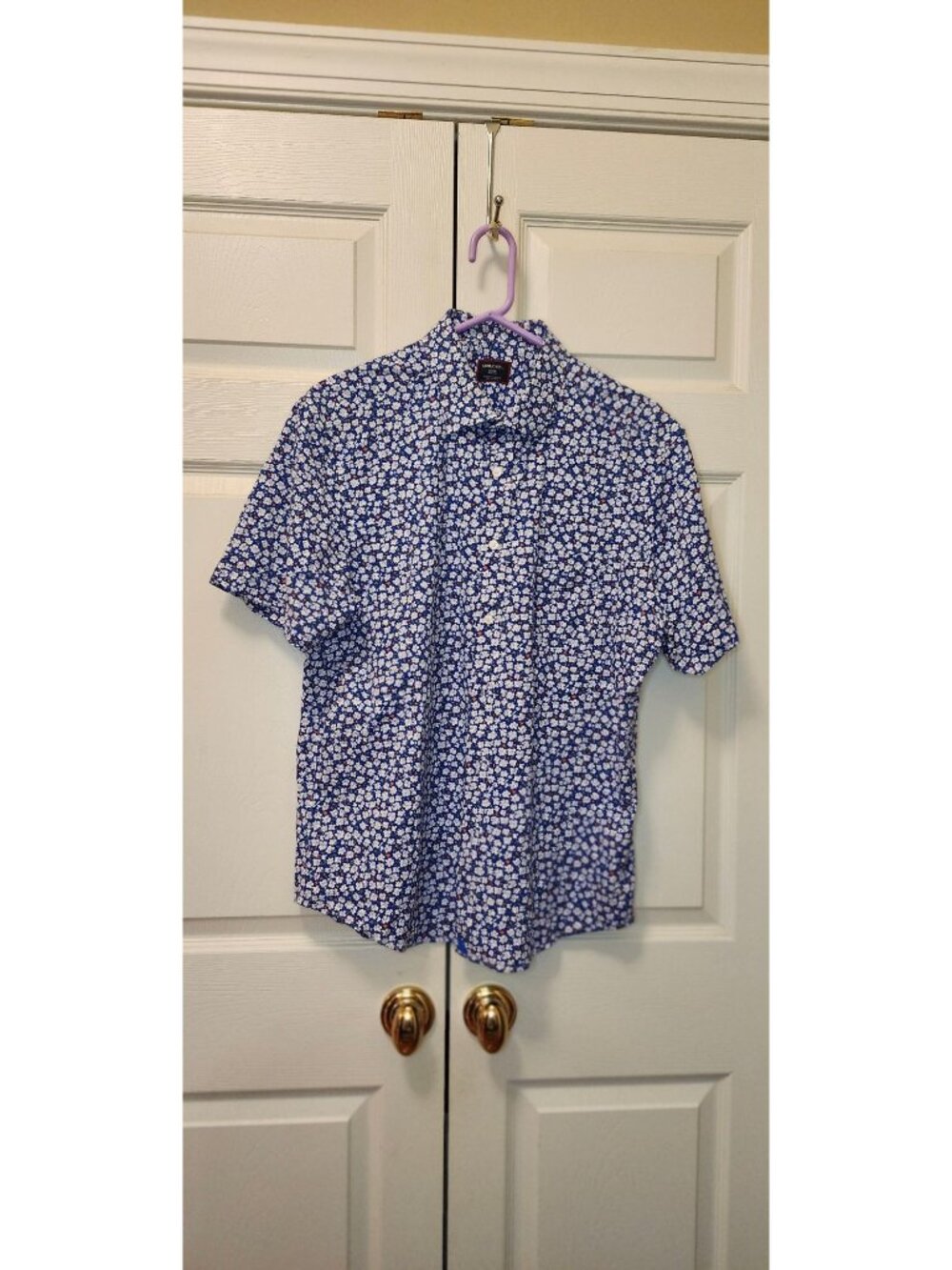 Men Untuckit Red White Blue Flower Floral Short Sleeve Kinkaid Shirt Size L